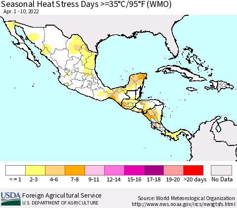Mexico Central America and the Caribbean Seasonal Heat Stress Days >=35°C/95°F (WMO) Thematic Map For 4/1/2022 - 4/10/2022