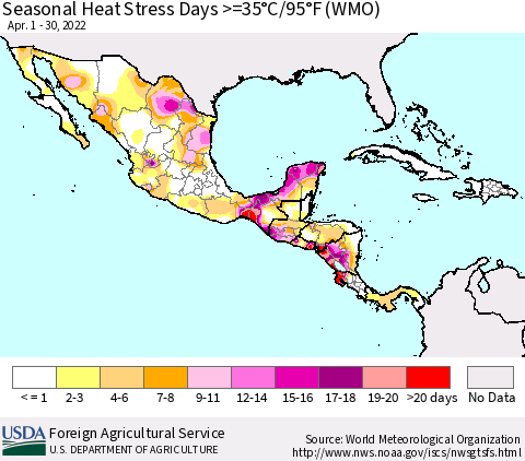 Mexico Central America and the Caribbean Seasonal Heat Stress Days >=35°C/95°F (WMO) Thematic Map For 4/1/2022 - 4/30/2022