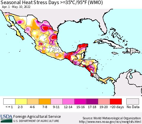 Mexico Central America and the Caribbean Seasonal Heat Stress Days >=35°C/95°F (WMO) Thematic Map For 4/1/2022 - 5/10/2022