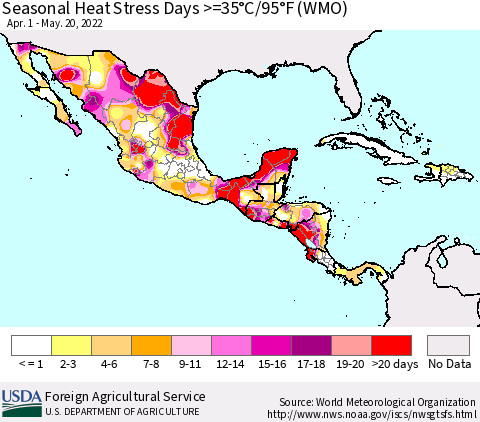 Mexico Central America and the Caribbean Seasonal Heat Stress Days >=35°C/95°F (WMO) Thematic Map For 4/1/2022 - 5/20/2022