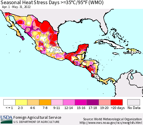 Mexico Central America and the Caribbean Seasonal Heat Stress Days >=35°C/95°F (WMO) Thematic Map For 4/1/2022 - 5/31/2022
