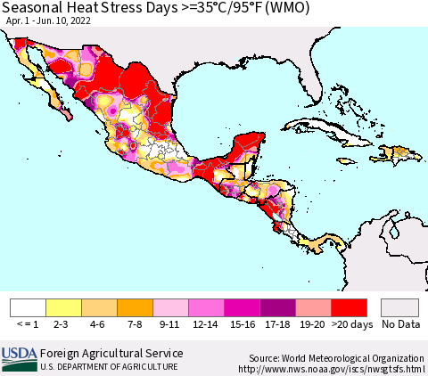 Mexico Central America and the Caribbean Seasonal Heat Stress Days >=35°C/95°F (WMO) Thematic Map For 4/1/2022 - 6/10/2022