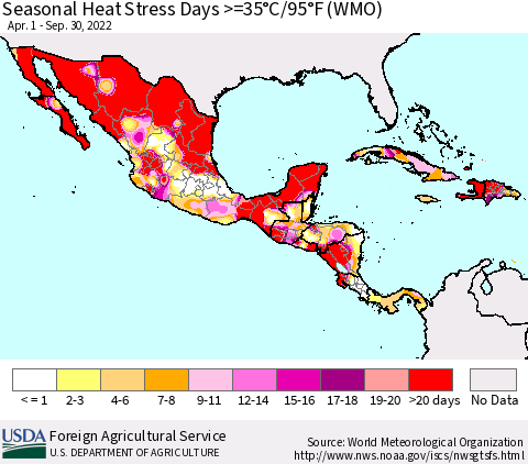 Mexico Central America and the Caribbean Seasonal Heat Stress Days >=35°C/95°F (WMO) Thematic Map For 4/1/2022 - 9/30/2022