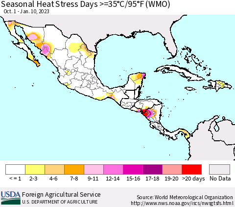 Mexico Central America and the Caribbean Seasonal Heat Stress Days >=35°C/95°F (WMO) Thematic Map For 10/1/2022 - 1/10/2023