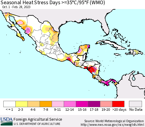 Mexico Central America and the Caribbean Seasonal Heat Stress Days >=35°C/95°F (WMO) Thematic Map For 10/1/2022 - 2/28/2023