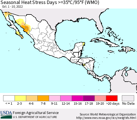 Mexico Central America and the Caribbean Seasonal Heat Stress Days >=35°C/95°F (WMO) Thematic Map For 10/1/2022 - 10/10/2022