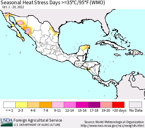 Mexico Central America and the Caribbean Seasonal Heat Stress Days >=35°C/95°F (WMO) Thematic Map For 10/1/2022 - 10/20/2022