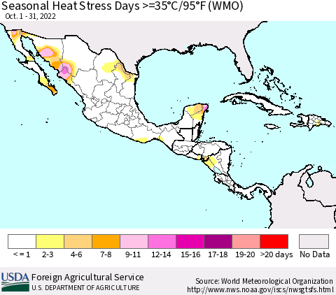 Mexico Central America and the Caribbean Seasonal Heat Stress Days >=35°C/95°F (WMO) Thematic Map For 10/1/2022 - 10/31/2022