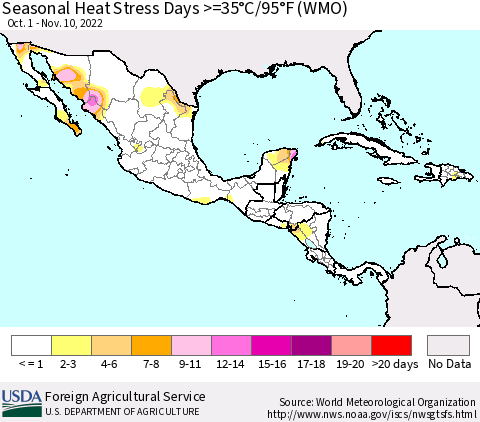 Mexico Central America and the Caribbean Seasonal Heat Stress Days >=35°C/95°F (WMO) Thematic Map For 10/1/2022 - 11/10/2022