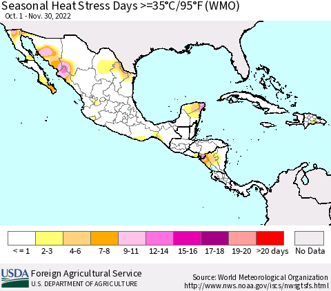 Mexico Central America and the Caribbean Seasonal Heat Stress Days >=35°C/95°F (WMO) Thematic Map For 10/1/2022 - 11/30/2022