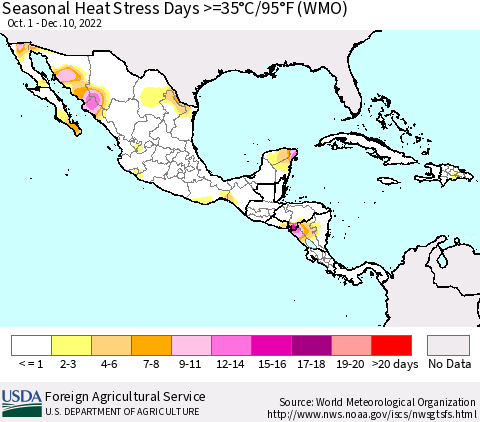 Mexico Central America and the Caribbean Seasonal Heat Stress Days >=35°C/95°F (WMO) Thematic Map For 10/1/2022 - 12/10/2022