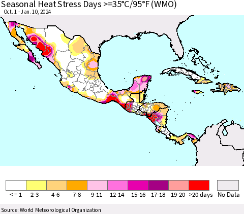 Mexico Central America and the Caribbean Seasonal Heat Stress Days >=35°C/95°F (WMO) Thematic Map For 10/1/2023 - 1/10/2024