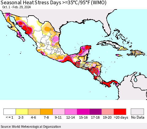 Mexico Central America and the Caribbean Seasonal Heat Stress Days >=35°C/95°F (WMO) Thematic Map For 10/1/2023 - 2/29/2024