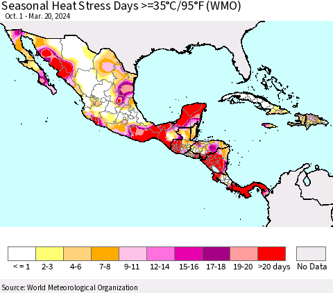 Mexico Central America and the Caribbean Seasonal Heat Stress Days >=35°C/95°F (WMO) Thematic Map For 10/1/2023 - 3/20/2024