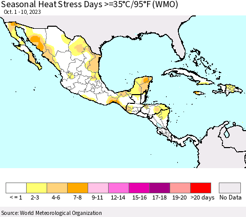 Mexico Central America and the Caribbean Seasonal Heat Stress Days >=35°C/95°F (WMO) Thematic Map For 10/1/2023 - 10/10/2023