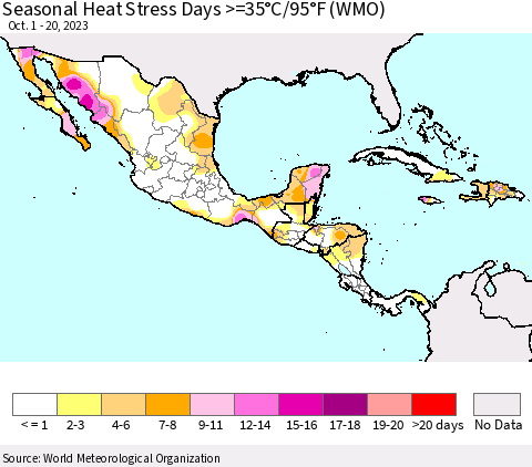 Mexico Central America and the Caribbean Seasonal Heat Stress Days >=35°C/95°F (WMO) Thematic Map For 10/1/2023 - 10/20/2023
