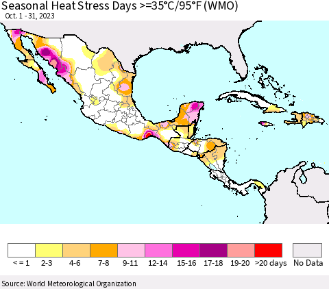 Mexico Central America and the Caribbean Seasonal Heat Stress Days >=35°C/95°F (WMO) Thematic Map For 10/1/2023 - 10/31/2023