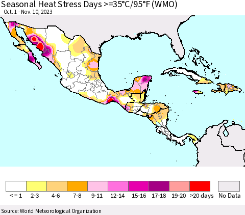 Mexico Central America and the Caribbean Seasonal Heat Stress Days >=35°C/95°F (WMO) Thematic Map For 10/1/2023 - 11/10/2023
