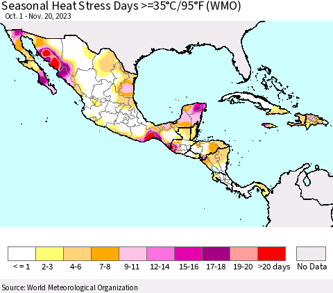 Mexico Central America and the Caribbean Seasonal Heat Stress Days >=35°C/95°F (WMO) Thematic Map For 10/1/2023 - 11/20/2023