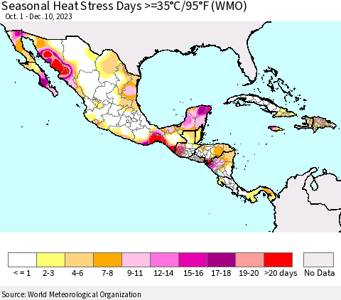 Mexico Central America and the Caribbean Seasonal Heat Stress Days >=35°C/95°F (WMO) Thematic Map For 10/1/2023 - 12/10/2023