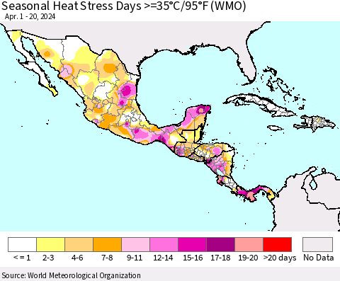 Mexico Central America and the Caribbean Seasonal Heat Stress Days >=35°C/95°F (WMO) Thematic Map For 4/1/2024 - 4/20/2024