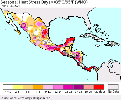 Mexico Central America and the Caribbean Seasonal Heat Stress Days >=35°C/95°F (WMO) Thematic Map For 4/1/2024 - 4/30/2024