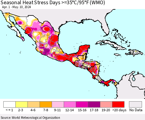 Mexico Central America and the Caribbean Seasonal Heat Stress Days >=35°C/95°F (WMO) Thematic Map For 4/1/2024 - 5/10/2024