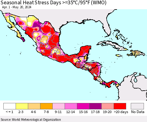 Mexico Central America and the Caribbean Seasonal Heat Stress Days >=35°C/95°F (WMO) Thematic Map For 4/1/2024 - 5/20/2024