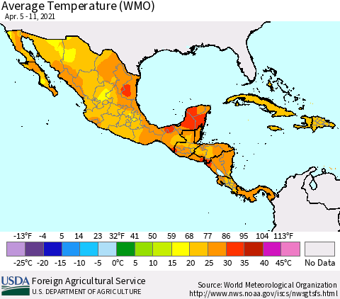 Mexico Central America and the Caribbean Average Temperature (WMO) Thematic Map For 4/5/2021 - 4/11/2021