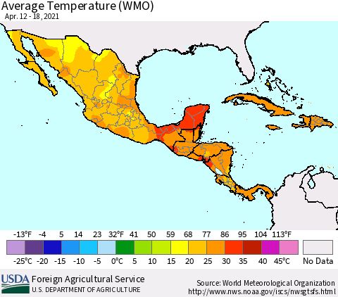 Mexico Central America and the Caribbean Average Temperature (WMO) Thematic Map For 4/12/2021 - 4/18/2021