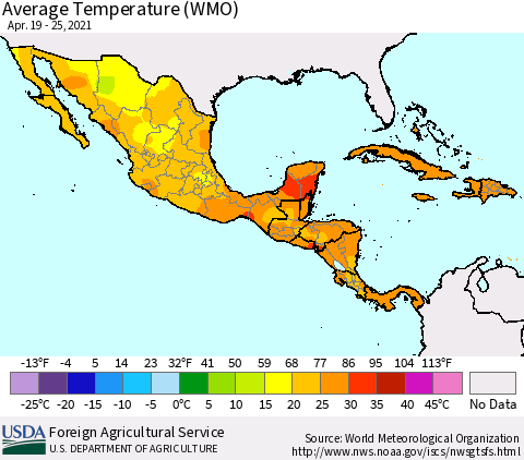Mexico Central America and the Caribbean Average Temperature (WMO) Thematic Map For 4/19/2021 - 4/25/2021