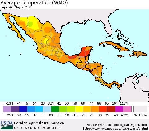 Mexico Central America and the Caribbean Average Temperature (WMO) Thematic Map For 4/26/2021 - 5/2/2021
