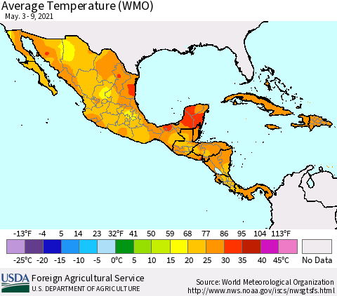 Mexico Central America and the Caribbean Average Temperature (WMO) Thematic Map For 5/3/2021 - 5/9/2021