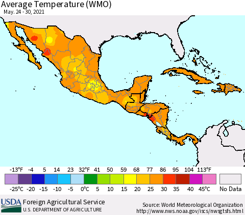 Mexico Central America and the Caribbean Average Temperature (WMO) Thematic Map For 5/24/2021 - 5/30/2021