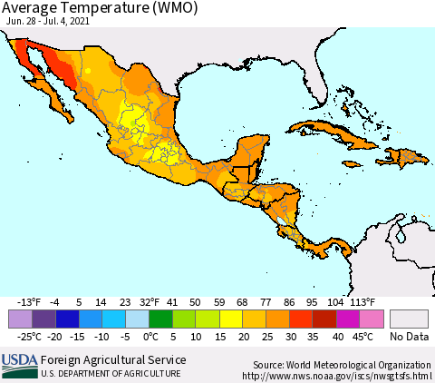 Mexico Central America and the Caribbean Average Temperature (WMO) Thematic Map For 6/28/2021 - 7/4/2021