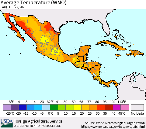 Mexico Central America and the Caribbean Average Temperature (WMO) Thematic Map For 8/16/2021 - 8/22/2021