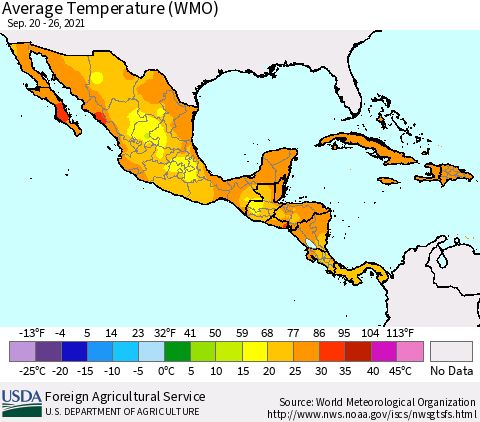 Mexico Central America and the Caribbean Average Temperature (WMO) Thematic Map For 9/20/2021 - 9/26/2021
