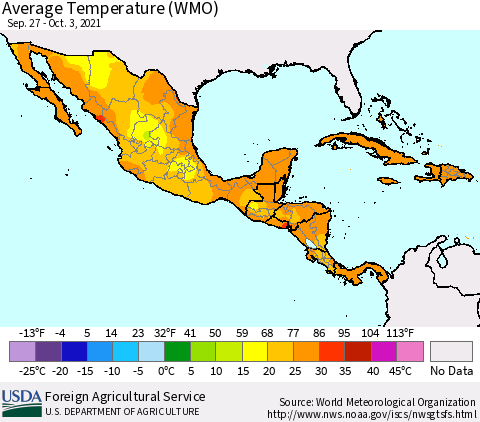 Mexico Central America and the Caribbean Average Temperature (WMO) Thematic Map For 9/27/2021 - 10/3/2021