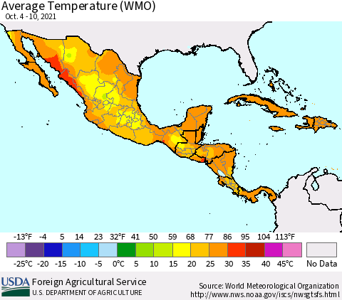 Mexico Central America and the Caribbean Average Temperature (WMO) Thematic Map For 10/4/2021 - 10/10/2021