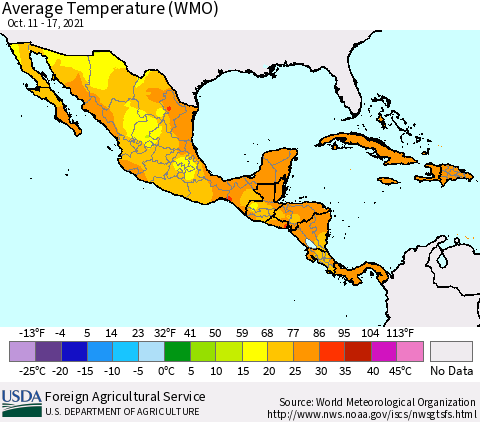 Mexico Central America and the Caribbean Average Temperature (WMO) Thematic Map For 10/11/2021 - 10/17/2021