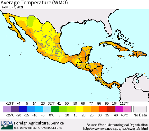 Mexico Central America and the Caribbean Average Temperature (WMO) Thematic Map For 11/1/2021 - 11/7/2021