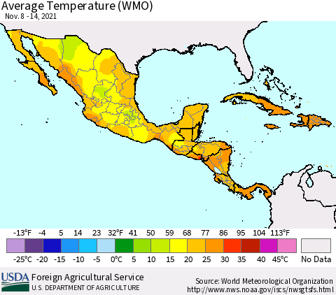Mexico Central America and the Caribbean Average Temperature (WMO) Thematic Map For 11/8/2021 - 11/14/2021