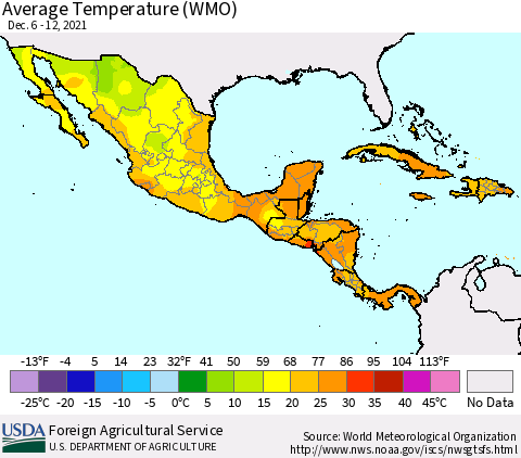 Mexico Central America and the Caribbean Average Temperature (WMO) Thematic Map For 12/6/2021 - 12/12/2021