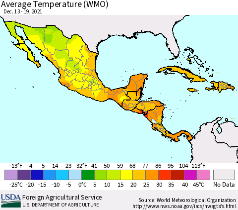 Mexico Central America and the Caribbean Average Temperature (WMO) Thematic Map For 12/13/2021 - 12/19/2021