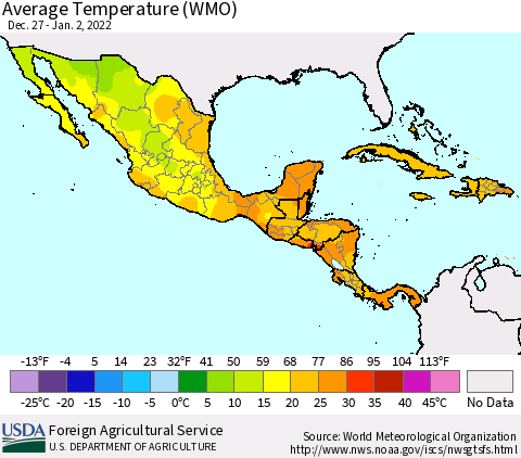 Mexico Central America and the Caribbean Average Temperature (WMO) Thematic Map For 12/27/2021 - 1/2/2022