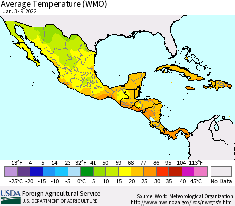 Mexico Central America and the Caribbean Average Temperature (WMO) Thematic Map For 1/3/2022 - 1/9/2022