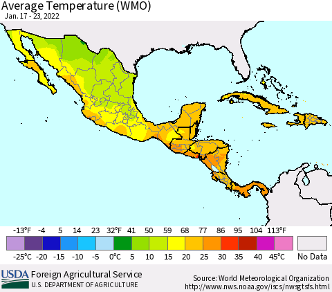 Mexico Central America and the Caribbean Average Temperature (WMO) Thematic Map For 1/17/2022 - 1/23/2022