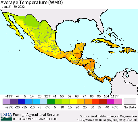 Mexico Central America and the Caribbean Average Temperature (WMO) Thematic Map For 1/24/2022 - 1/30/2022