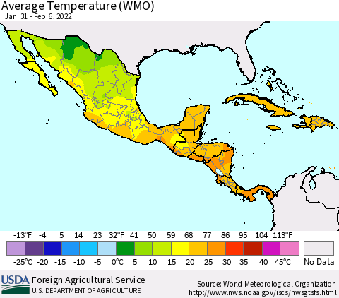 Mexico Central America and the Caribbean Average Temperature (WMO) Thematic Map For 1/31/2022 - 2/6/2022