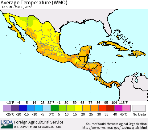 Mexico Central America and the Caribbean Average Temperature (WMO) Thematic Map For 2/28/2022 - 3/6/2022